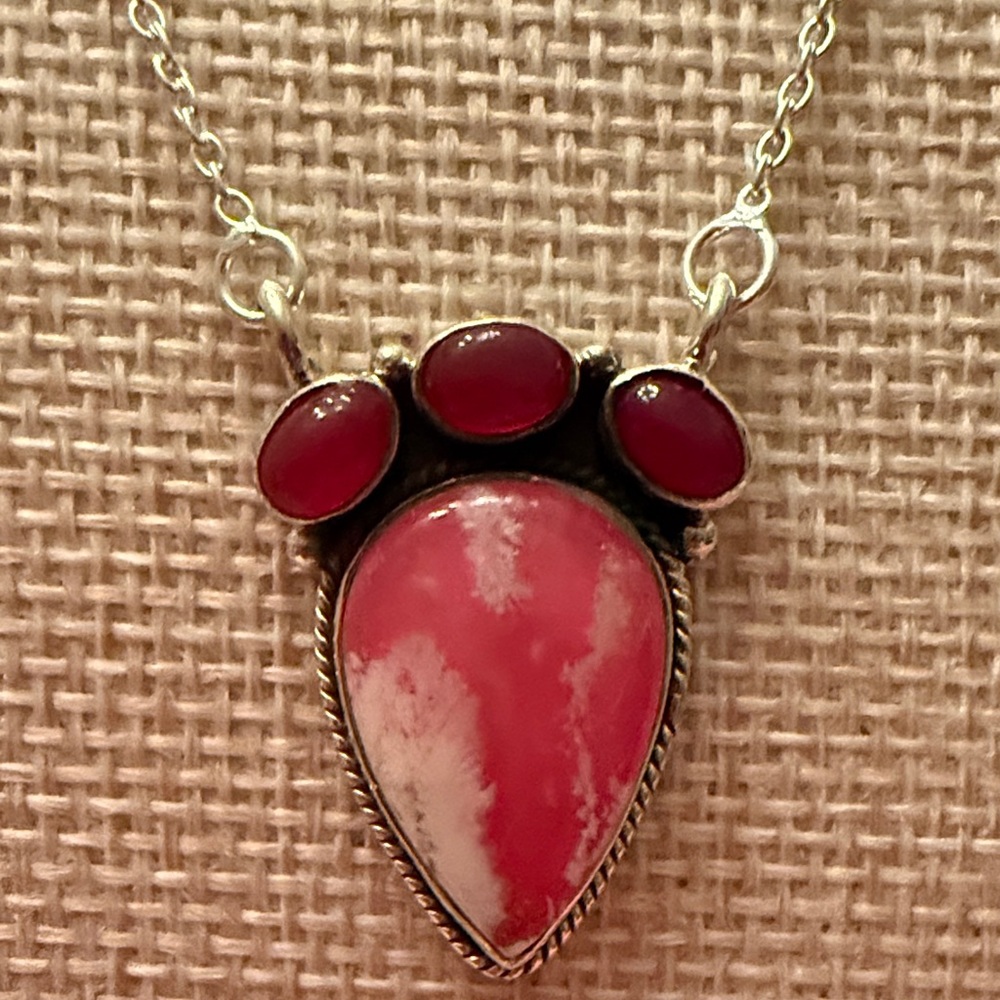 Sterling Silver Necklace with Rhodochrosite and Garnet Pink Pendant Necklace